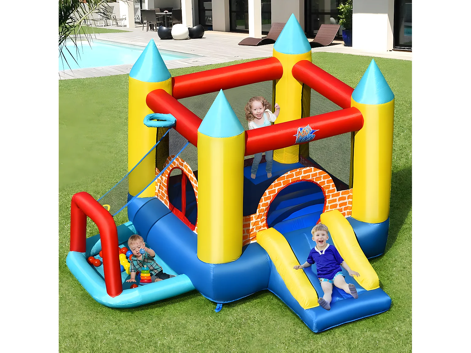 4 en 1 Château Gonflable pour Enfants avec Toboggan,30 Ballons 300x280x210CM pour 3 Enfants 3-10 Ans Capacité Max 135KG