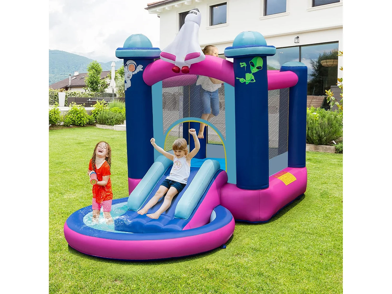 Toboggan Aquatique Gonflable Thème de l'espace avec Piscine à Eclaboussures Toboggan Portable,Sac de Transport et Piquets（sans Gonfleur）