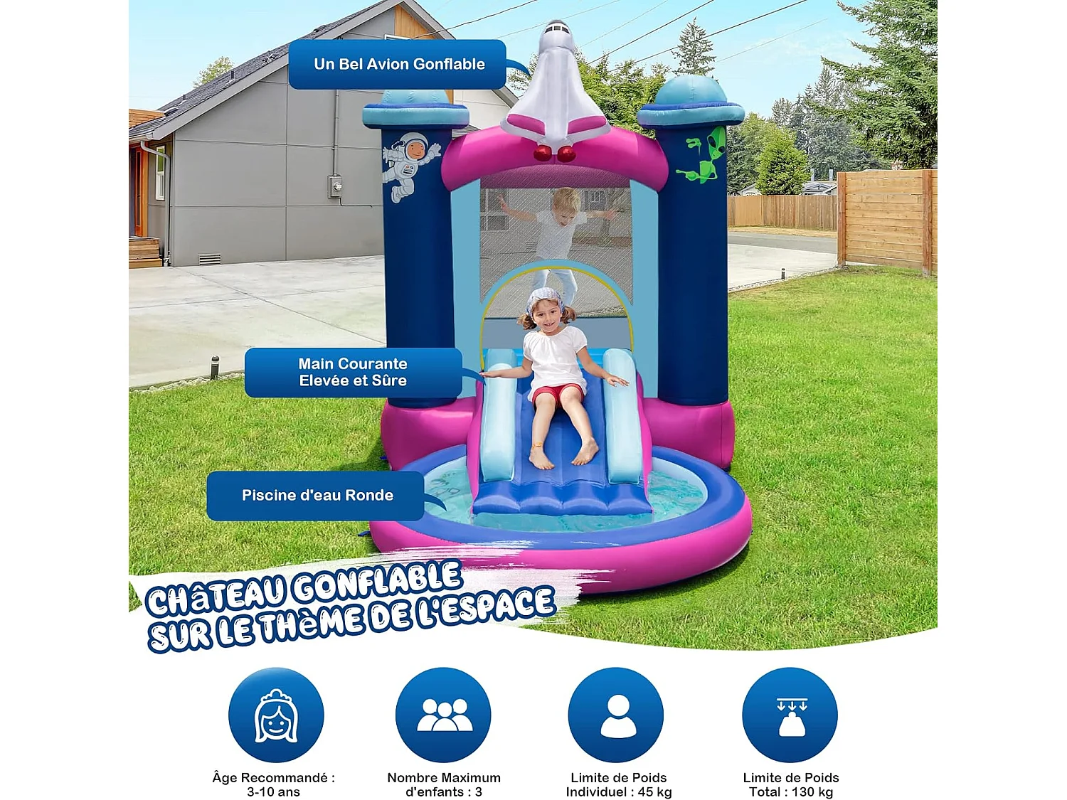 Toboggan Aquatique Gonflable Thème de l'espace avec Piscine à Eclaboussures Toboggan Portable,Sac de Transport et Piquets（sans Gonfleur）