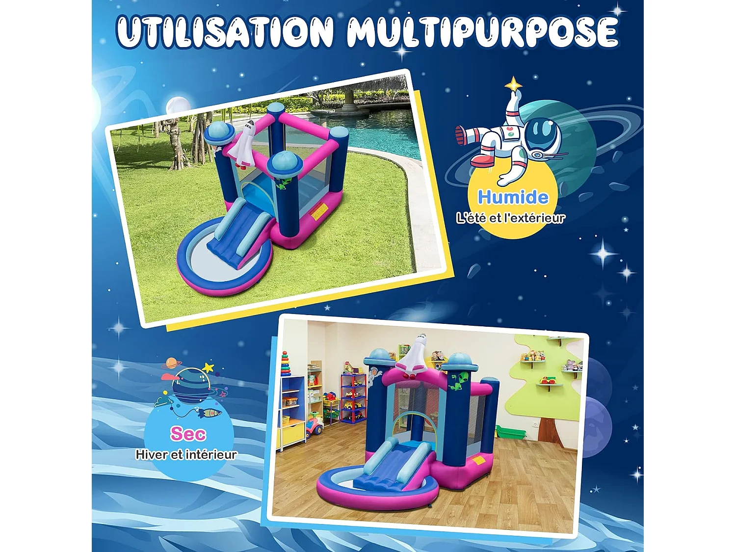Toboggan Aquatique Gonflable Thème de l'espace avec Piscine à Eclaboussures Toboggan Portable,Sac de Transport et Piquets（sans Gonfleur）