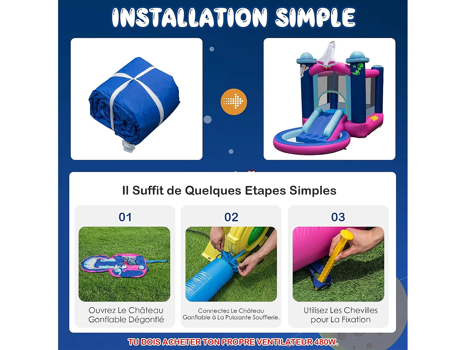 Toboggan Aquatique Gonflable Thème de l'espace avec Piscine à Eclaboussures Toboggan Portable,Sac de Transport et Piquets（sans Gonfleur）