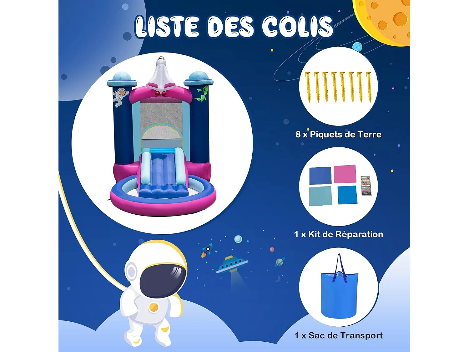 Toboggan Aquatique Gonflable Thème de l'espace avec Piscine à Eclaboussures Toboggan Portable,Sac de Transport et Piquets（sans Gonfleur）