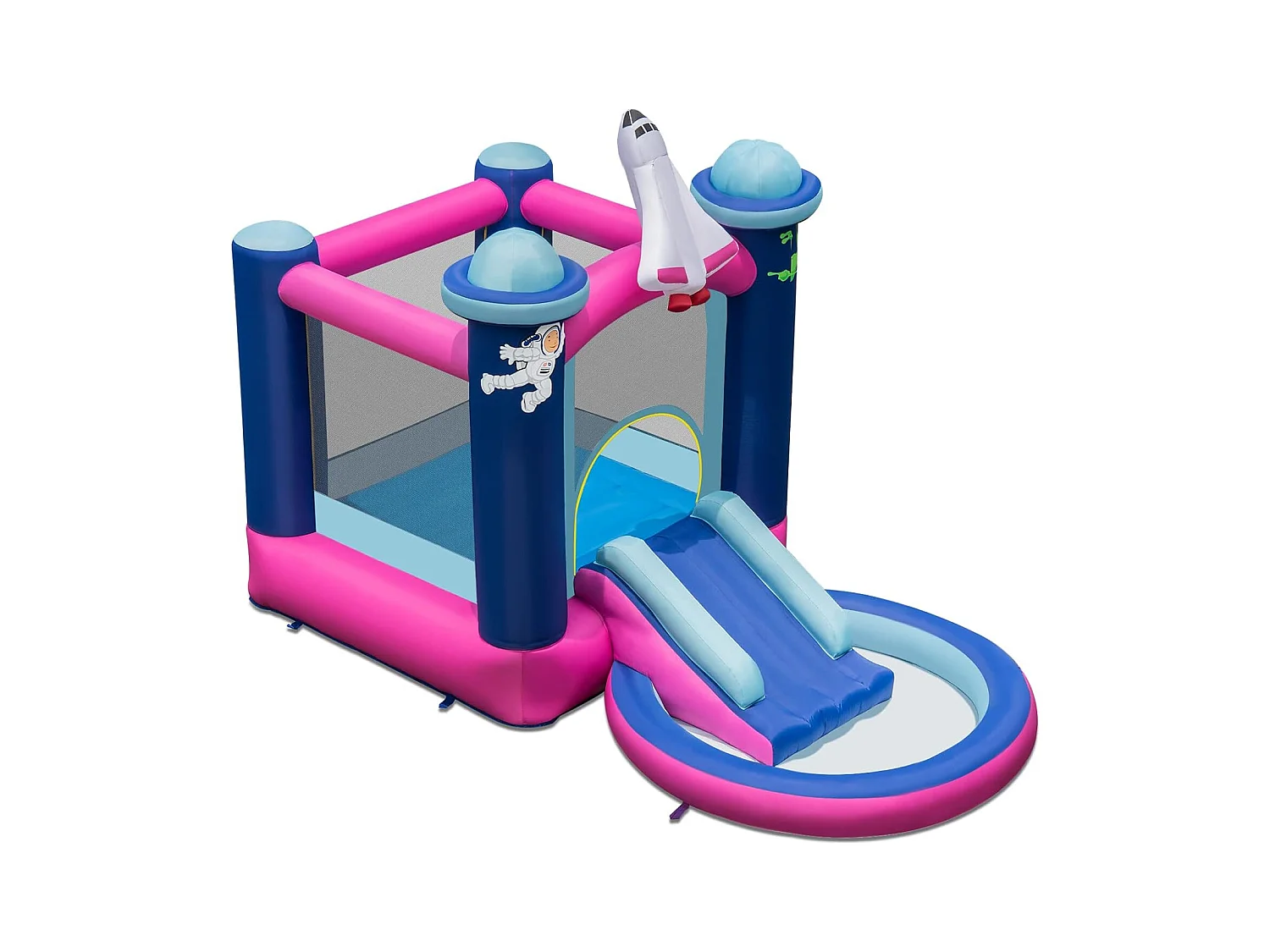 Toboggan Aquatique Gonflable Thème de l'espace avec Piscine à Eclaboussures Toboggan Portable,Sac de Transport et Piquets（sans Gonfleur）