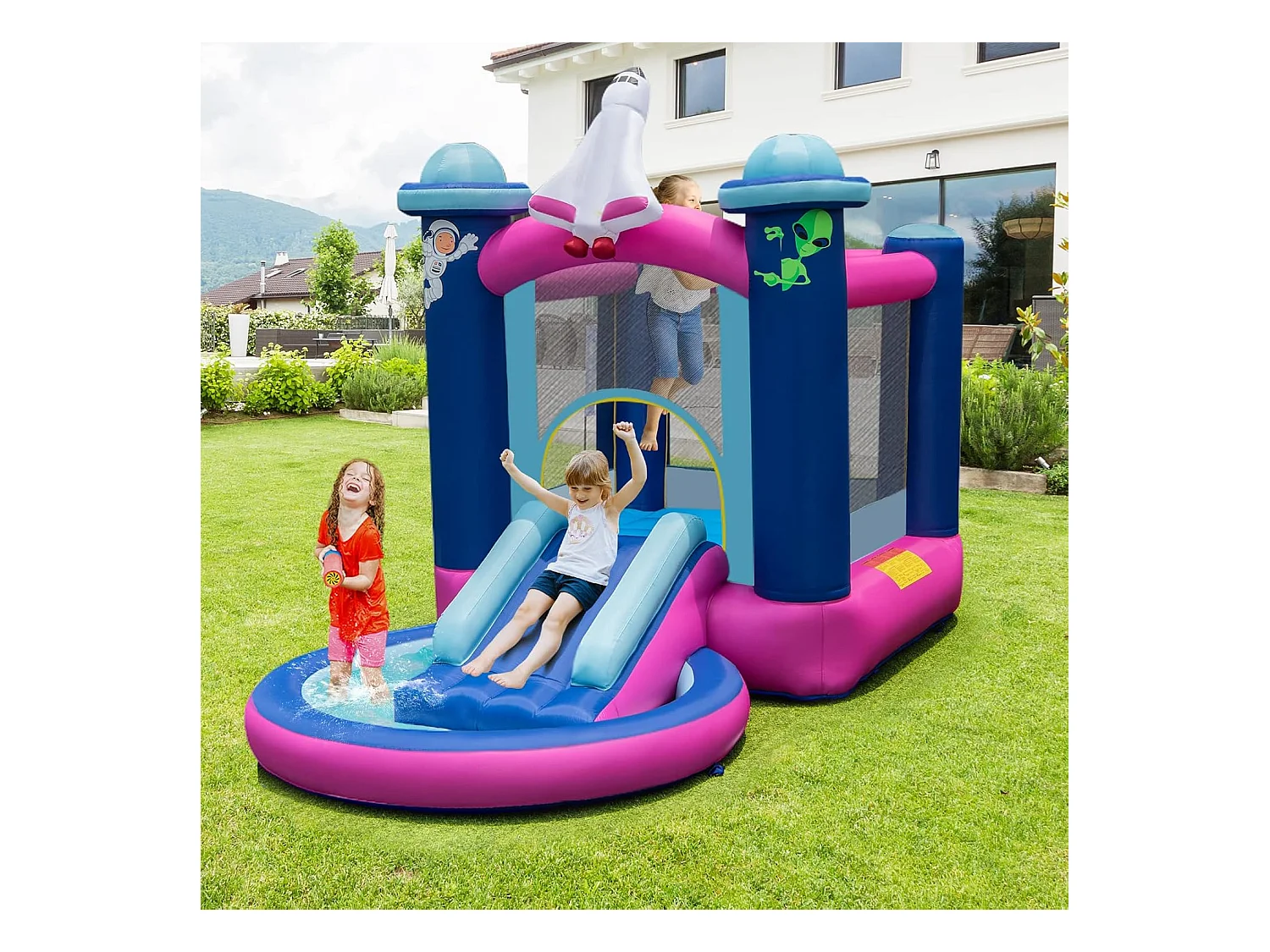 Toboggan Aquatique Gonflable Thème de l'espace avec Piscine à Eclaboussures Toboggan Portable,Sac de Transport et Piquets(sans Gonfleur)