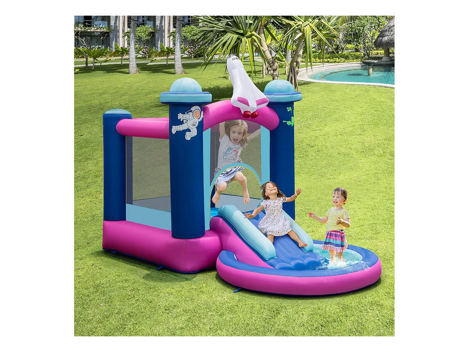 Toboggan Aquatique Gonflable Thème de l'espace avec Piscine à Eclaboussures Toboggan Portable,Sac de Transport et Piquets(sans Gonfleur)