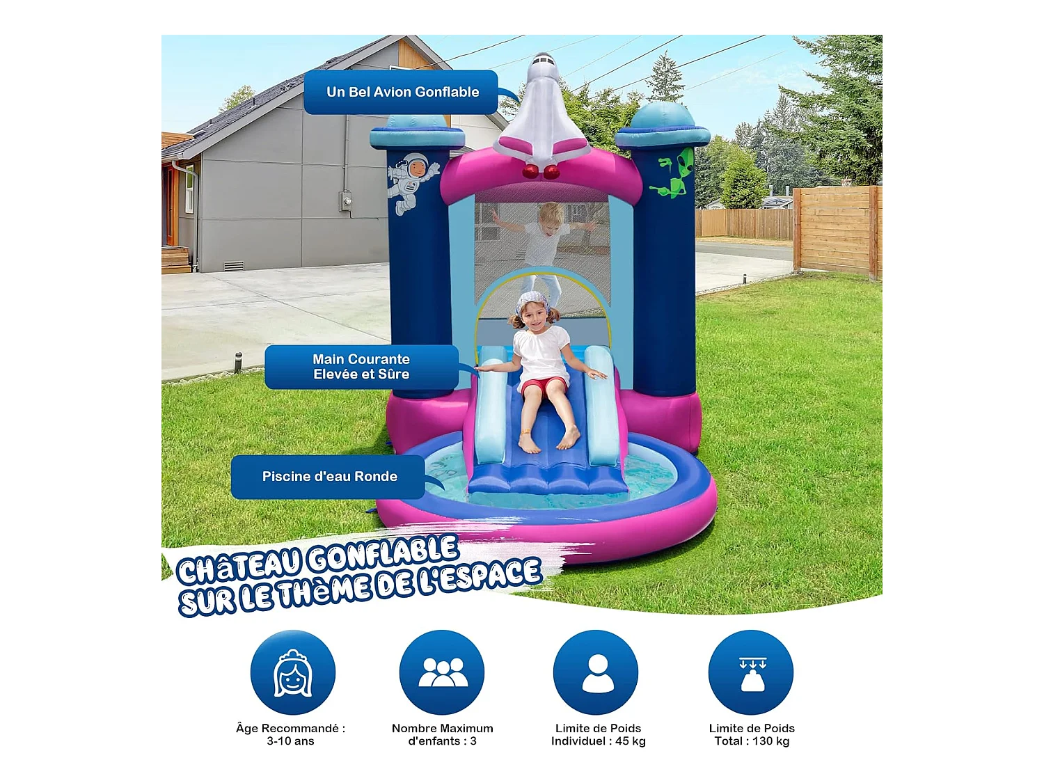 Toboggan Aquatique Gonflable Thème de l'espace avec Piscine à Eclaboussures Toboggan Portable,Sac de Transport et Piquets(sans Gonfleur)