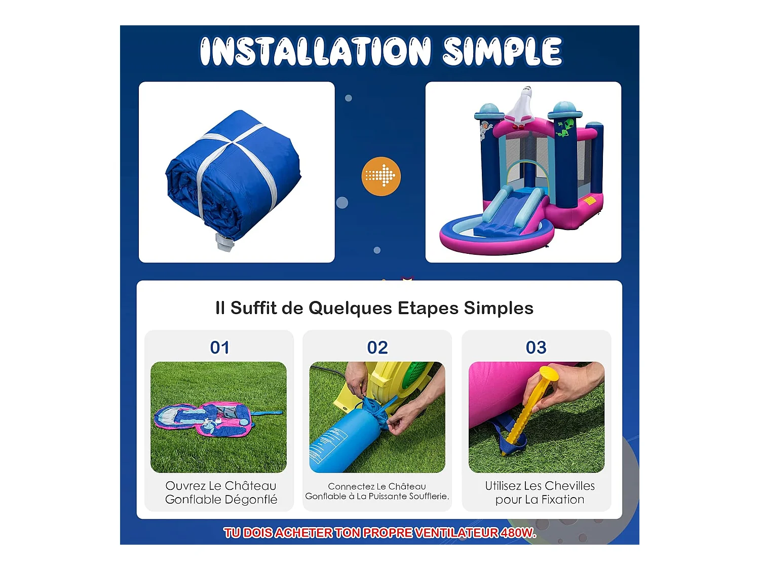 Toboggan Aquatique Gonflable Thème de l'espace avec Piscine à Eclaboussures Toboggan Portable,Sac de Transport et Piquets(sans Gonfleur)