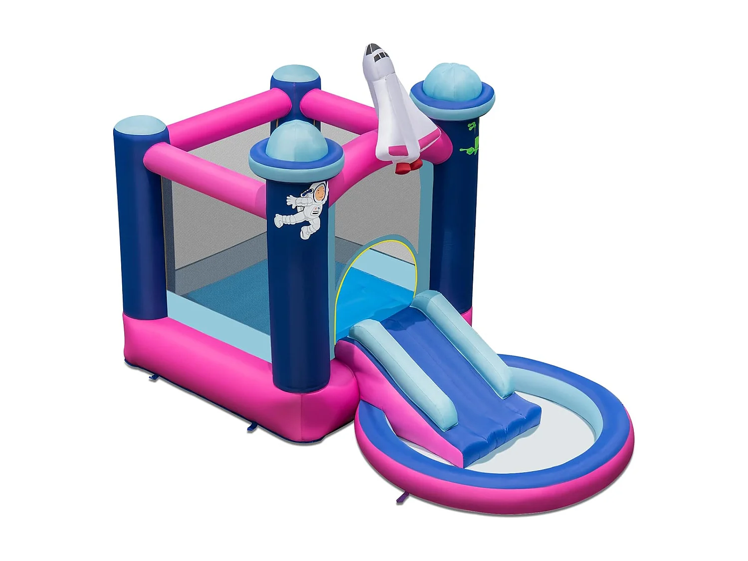 Toboggan Aquatique Gonflable Thème de l'espace avec Piscine à Eclaboussures Toboggan Portable,Sac de Transport et Piquets（sans Gonfleur）