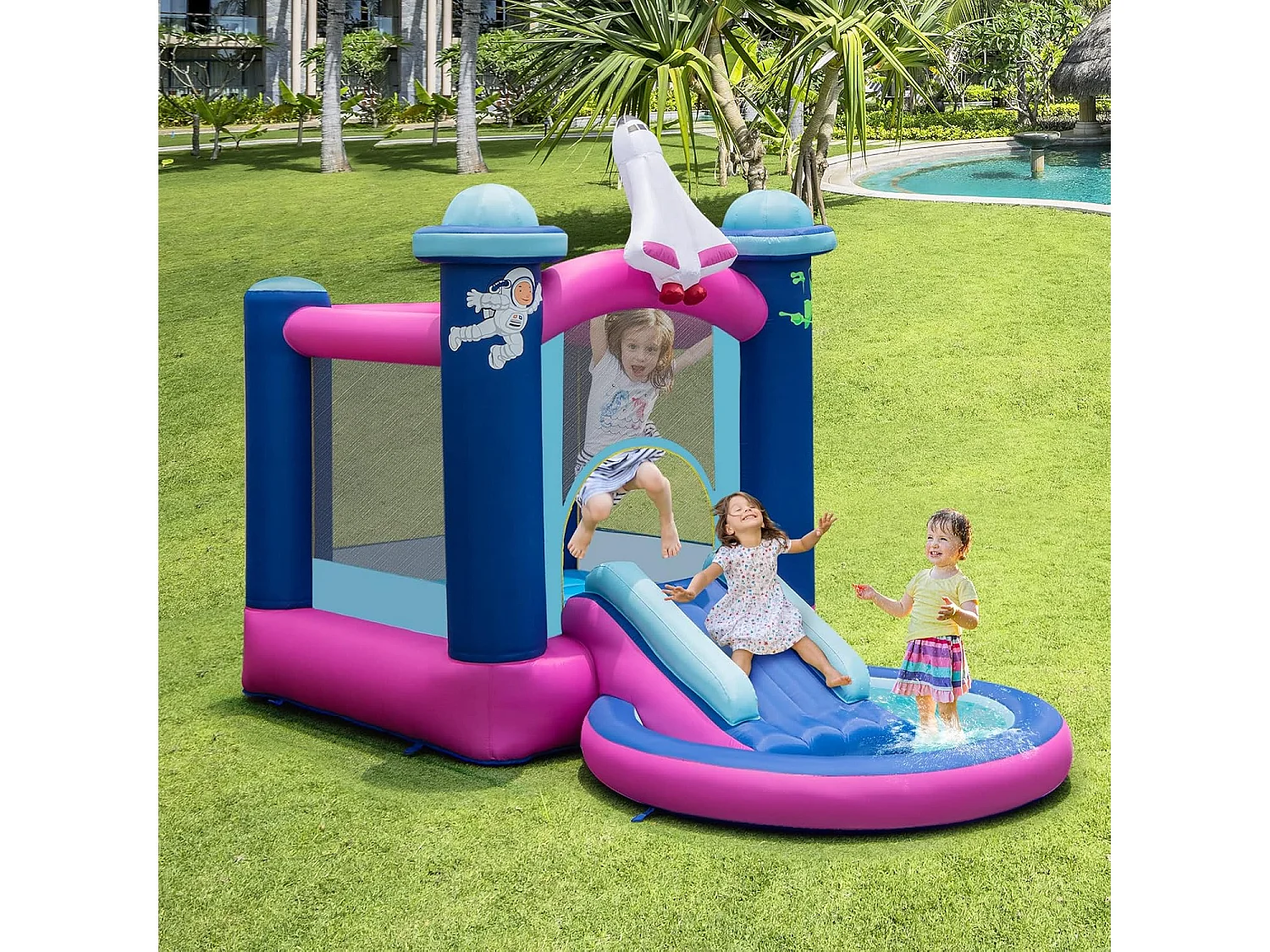 Toboggan Aquatique Gonflable Thème de l'espace avec Piscine à Eclaboussures Toboggan Portable,Sac de Transport et Piquets（sans Gonfleur）