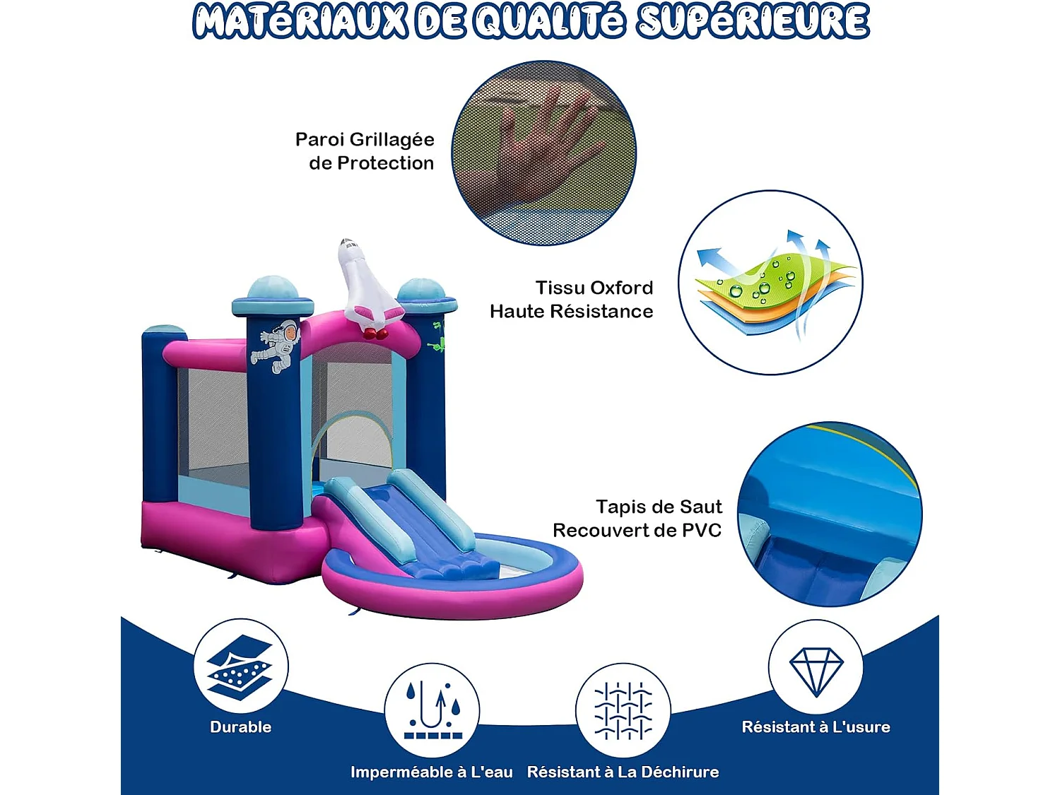 Toboggan Aquatique Gonflable Thème de l'espace avec Piscine à Eclaboussures Toboggan Portable,Sac de Transport et Piquets（sans Gonfleur）