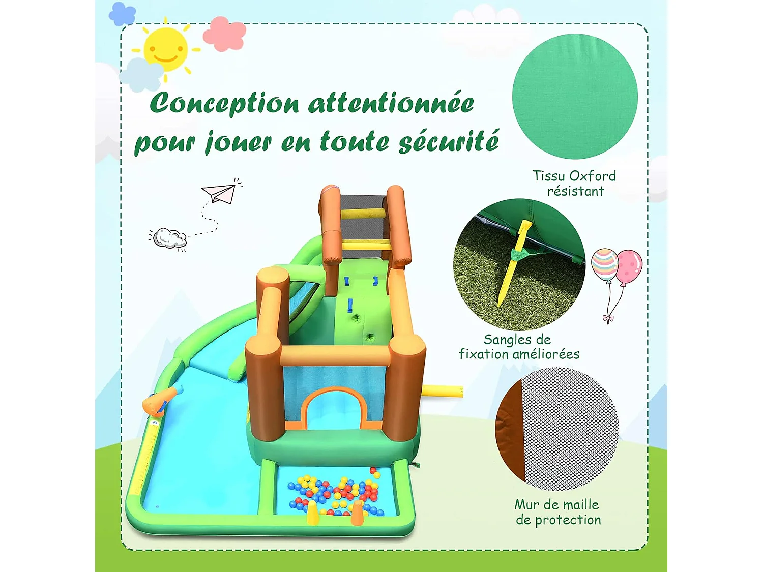 Aire de Jeux Gonflable Enfant avec Souffleur 610W Pataugeoire Mur d'Escalade Canon à Eau Trampoline Intégré Balles Colorées