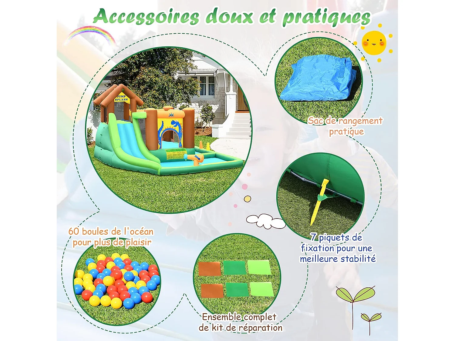 Aire de Jeux Gonflable Enfant avec Souffleur 610W Pataugeoire Mur d'Escalade Canon à Eau Trampoline Intégré Balles Colorées