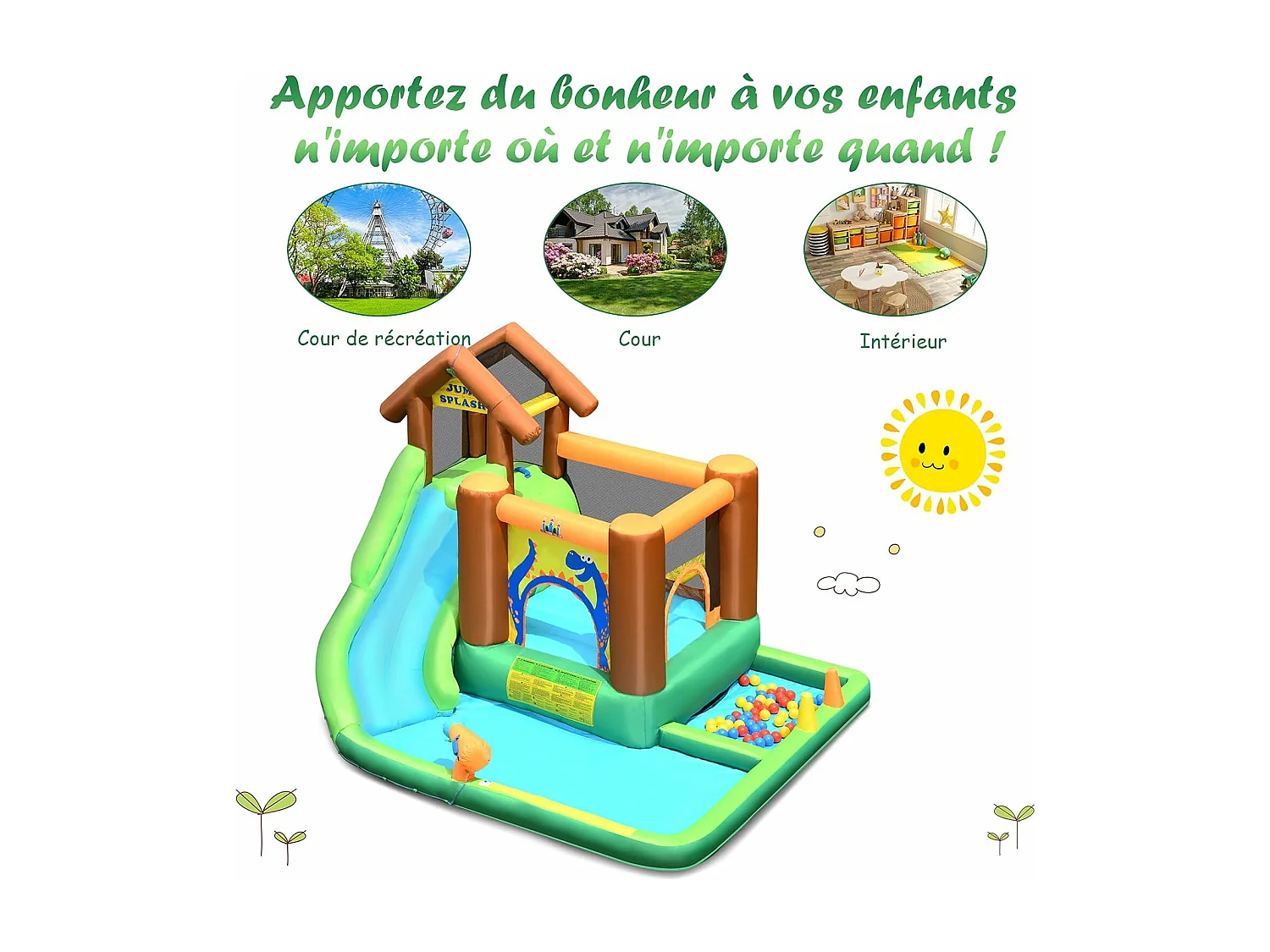 Aire de Jeux Gonflable Enfant avec Souffleur 610W Pataugeoire Mur d'Escalade Canon à Eau Trampoline Intégré Balles Colorées