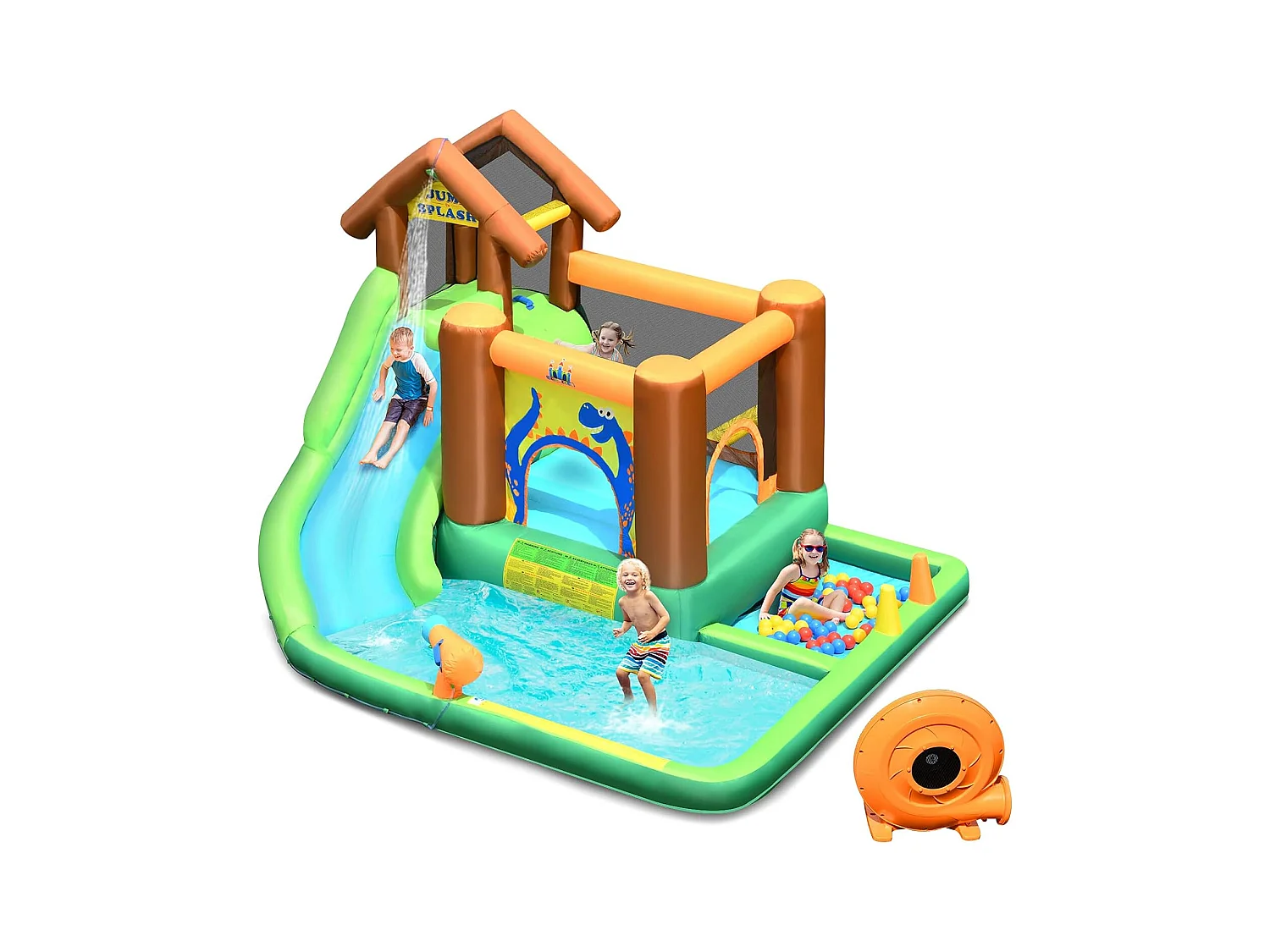 Aire de Jeux Gonflable Enfant avec Souffleur 610W Pataugeoire Mur d'Escalade Canon à Eau Trampoline Intégré Balles Colorées