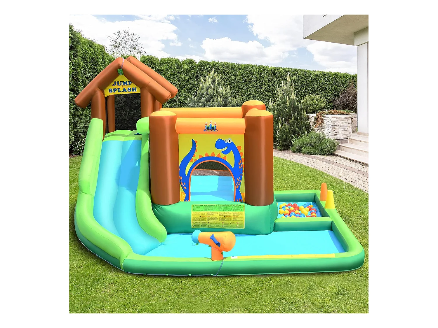 Aire de Jeux Gonflable Enfant avec Souffleur 610W Pataugeoire Mur d'Escalade Canon à Eau Trampoline Intégré Balles Colorées