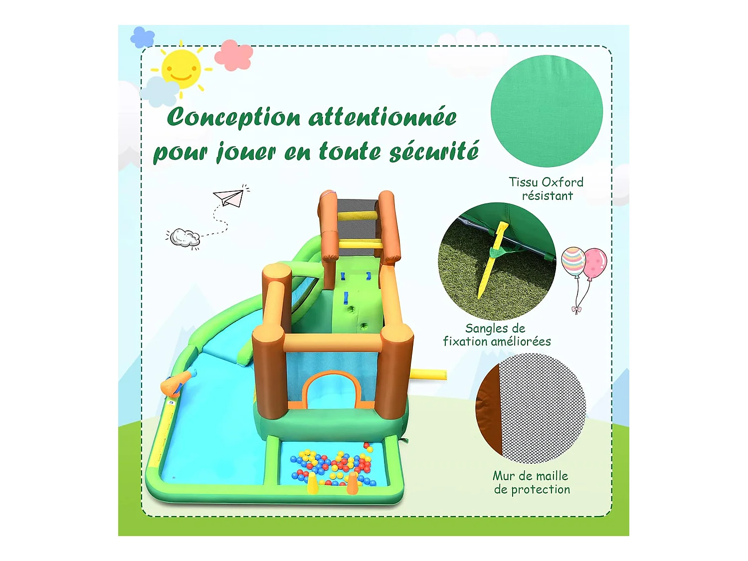 Aire de Jeux Gonflable Enfant avec Souffleur 610W Pataugeoire Mur d'Escalade Canon à Eau Trampoline Intégré Balles Colorées