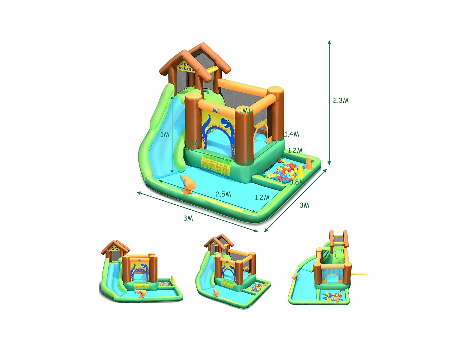 Aire de Jeux Gonflable Enfant avec Souffleur 610W Pataugeoire Mur d'Escalade Canon à Eau Trampoline Intégré Balles Colorées