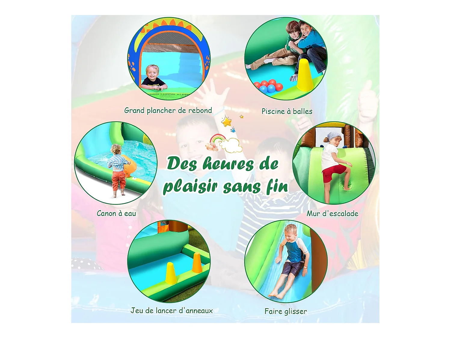 Aire de Jeux Gonflable Enfant avec Souffleur 610W Pataugeoire Mur d'Escalade Canon à Eau Trampoline Intégré Balles Colorées