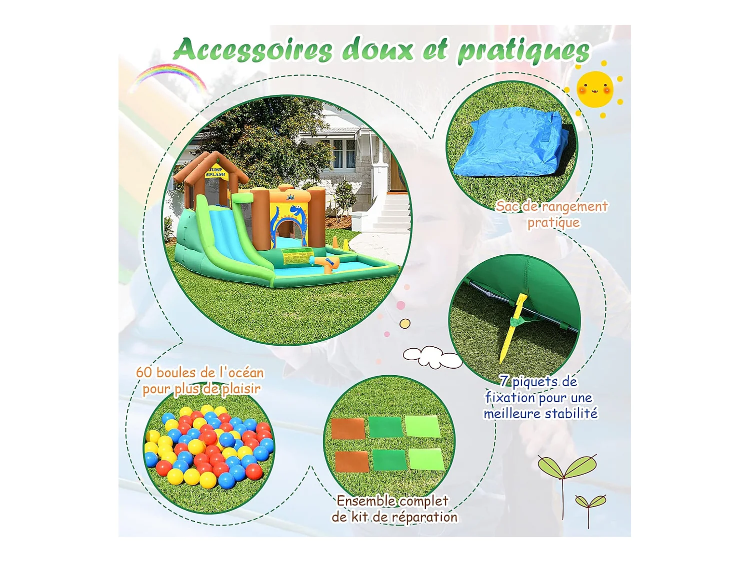 Aire de Jeux Gonflable Enfant avec Souffleur 610W Pataugeoire Mur d'Escalade Canon à Eau Trampoline Intégré Balles Colorées