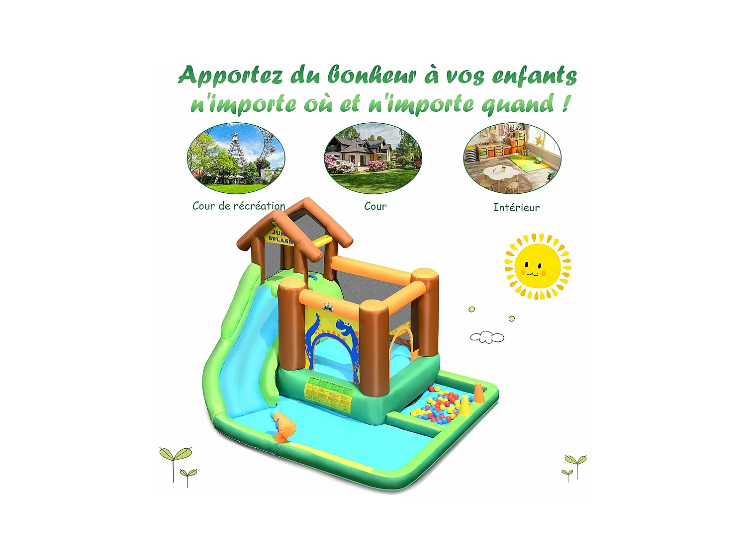 Aire de Jeux Gonflable Enfant avec Souffleur 610W Pataugeoire Mur d'Escalade Canon à Eau Trampoline Intégré Balles Colorées