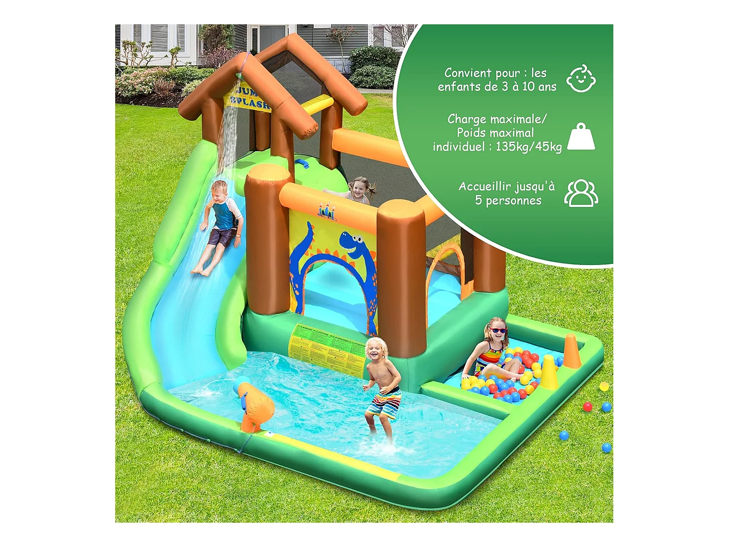 Aire de Jeux Gonflable Enfant avec Souffleur 610W Pataugeoire Mur d'Escalade Canon à Eau Trampoline Intégré Balles Colorées