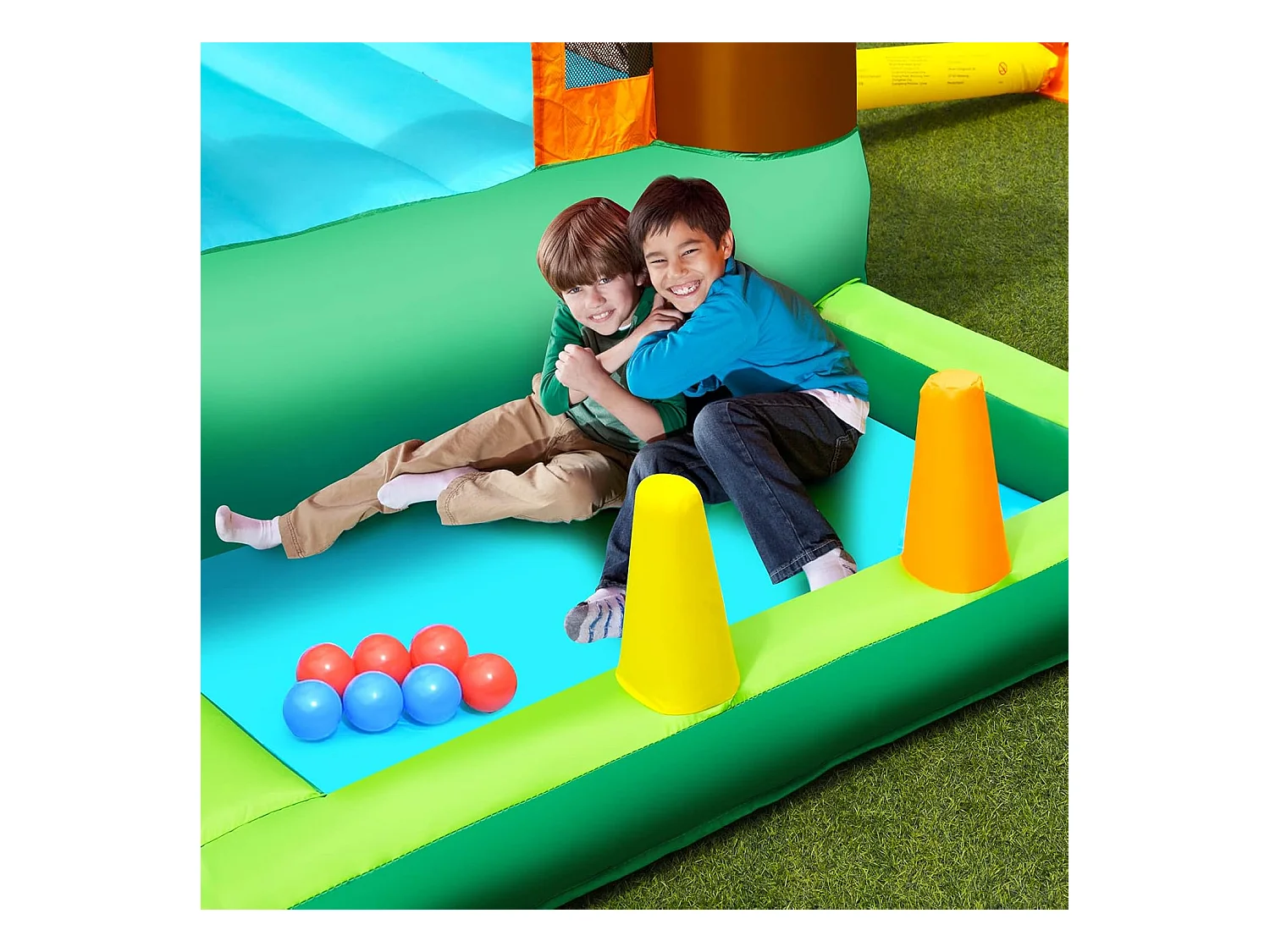 Aire de Jeux Gonflable Enfant avec Souffleur 610W Pataugeoire Mur d'Escalade Canon à Eau Trampoline Intégré Balles Colorées