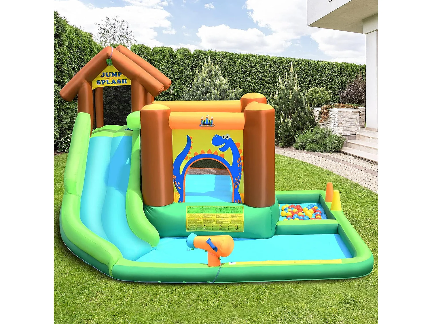 Aire de Jeux Gonflable Enfant avec Souffleur 610W Pataugeoire Mur d'Escalade Canon à Eau Trampoline Intégré Balles Colorées
