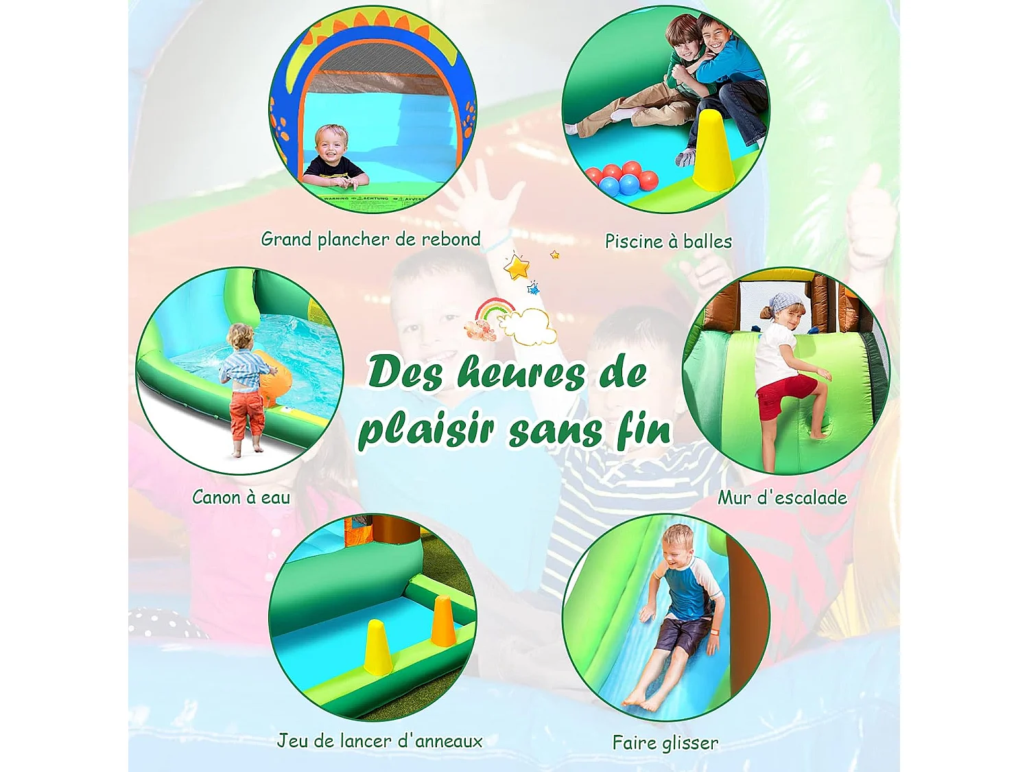 Aire de Jeux Gonflable Enfant avec Souffleur 610W Pataugeoire Mur d'Escalade Canon à Eau Trampoline Intégré Balles Colorées