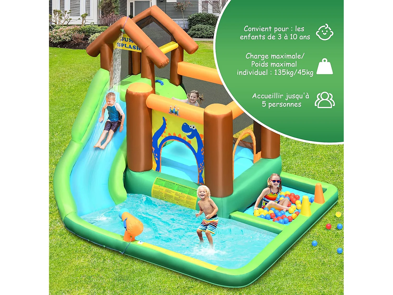 Aire de Jeux Gonflable Enfant avec Souffleur 610W Pataugeoire Mur d'Escalade Canon à Eau Trampoline Intégré Balles Colorées