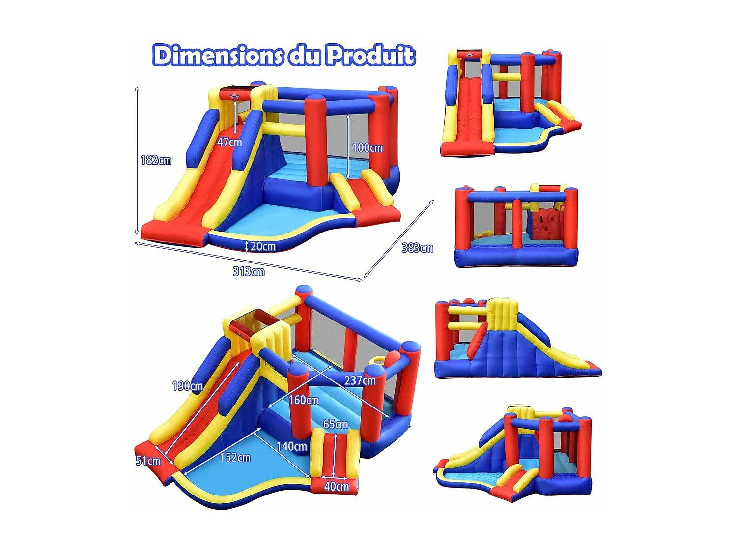 Château Gonflable avec Long Toboggan,Trampoline,Piscine à Balles,Mur d'Escalade,Panier de Basket Sac Transport avec Gonfleur 450W