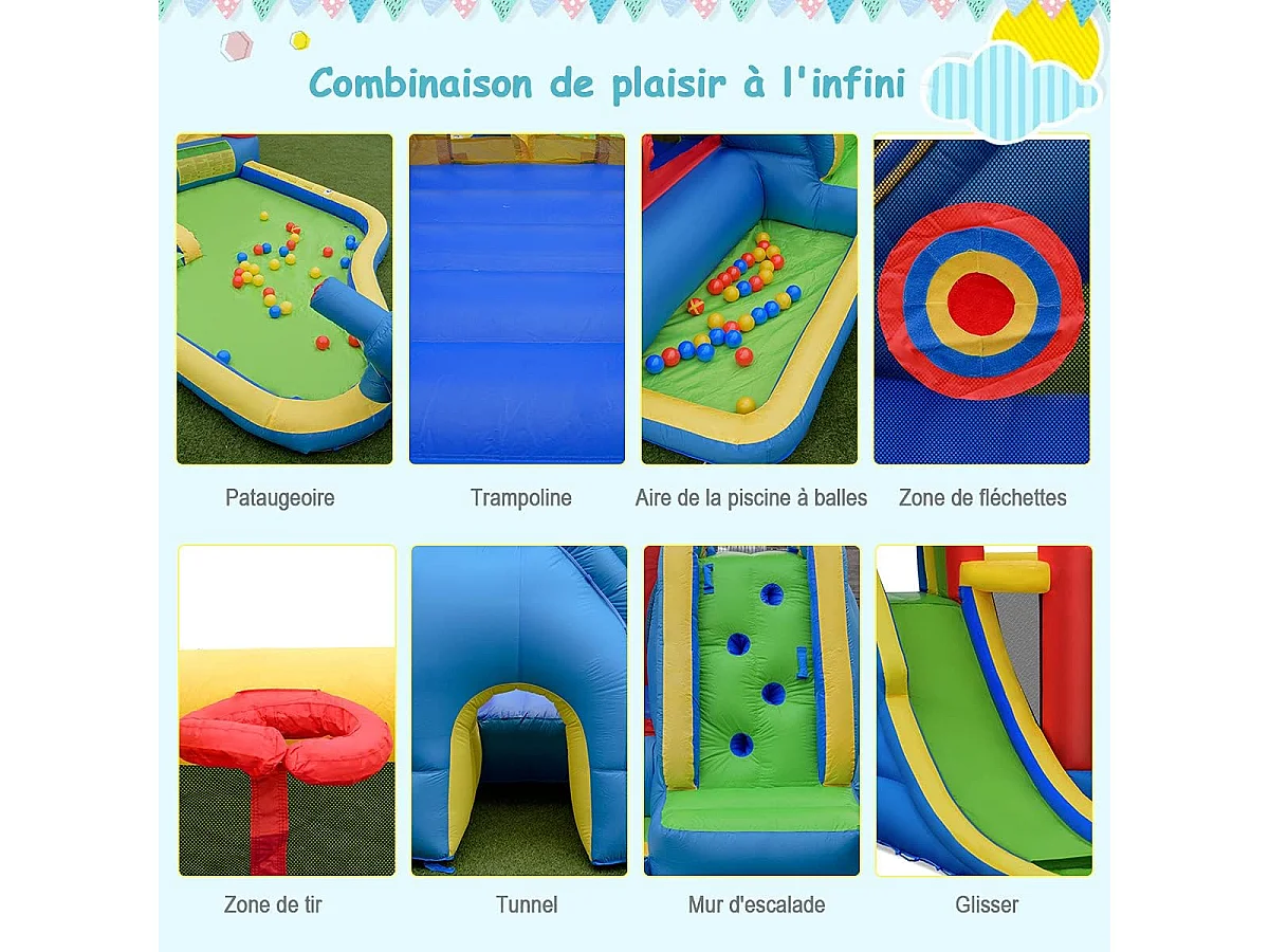 Château Gonflable avec Soufleur 450W, Aires de Jeux avec Toboggan, Mur d’Escalade, Trampoline&Canon Eau pour Enfant 3-10 Ans