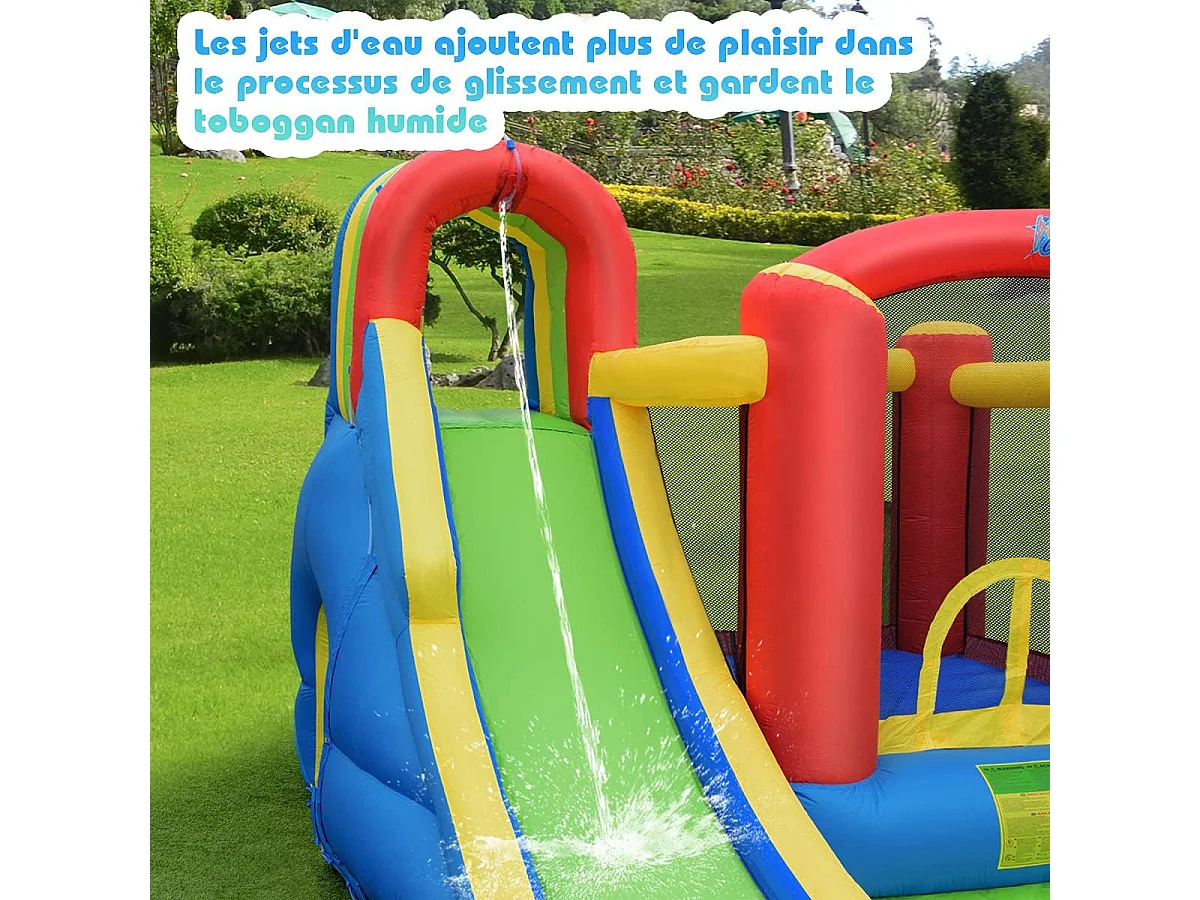 Château Gonflable avec Soufleur 450W, Aires de Jeux avec Toboggan, Mur d’Escalade, Trampoline&Canon Eau pour Enfant 3-10 Ans