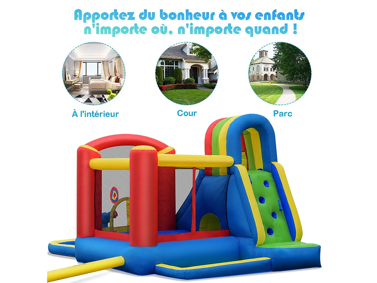 Château Gonflable avec Soufleur 450W, Aires de Jeux avec Toboggan, Mur d’Escalade, Trampoline&Canon Eau pour Enfant 3-10 Ans