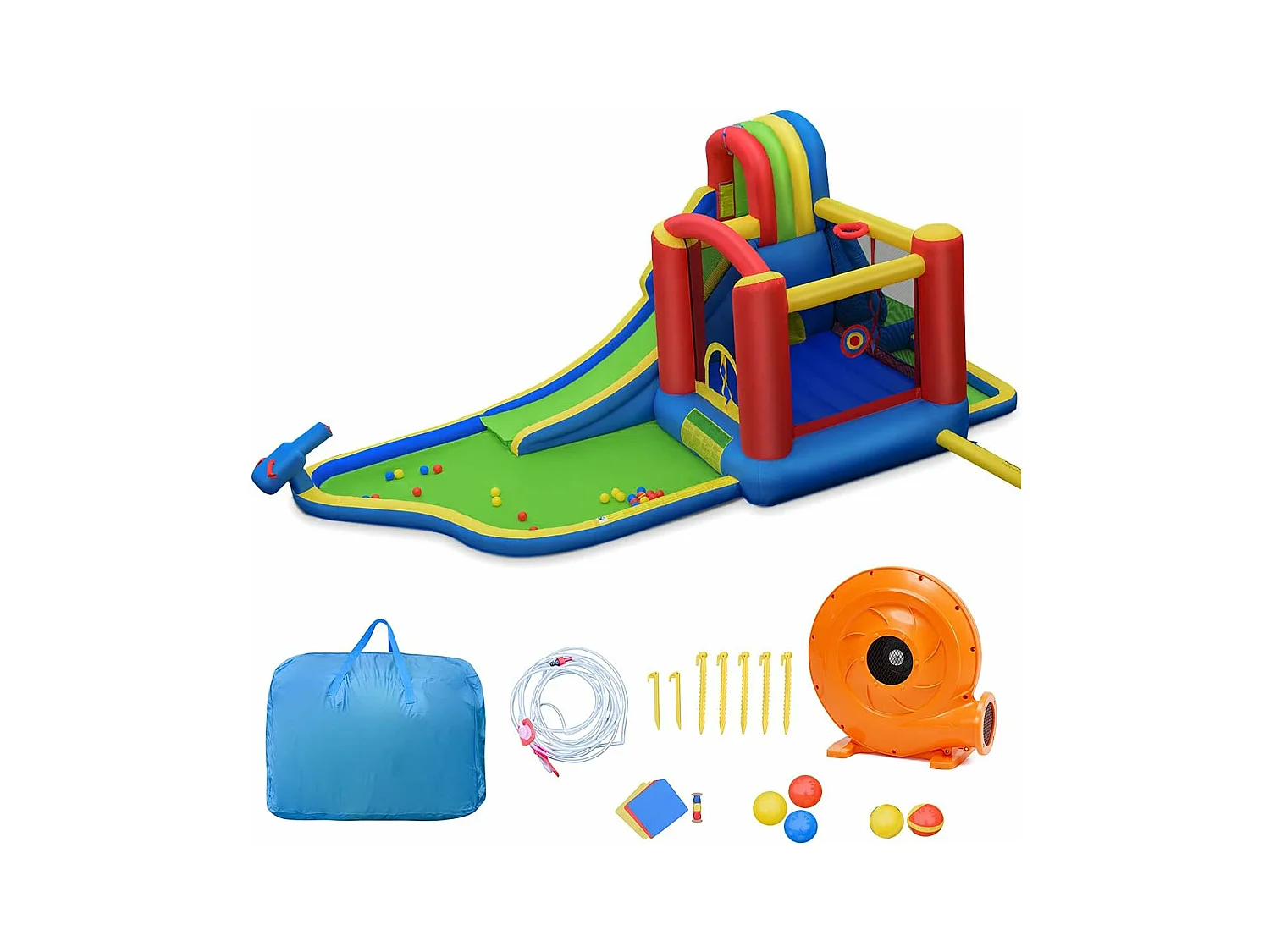 Château Gonflable avec Soufleur 450W, Aires de Jeux avec Toboggan, Mur d’Escalade, Trampoline&Canon Eau pour Enfant 3-10 Ans