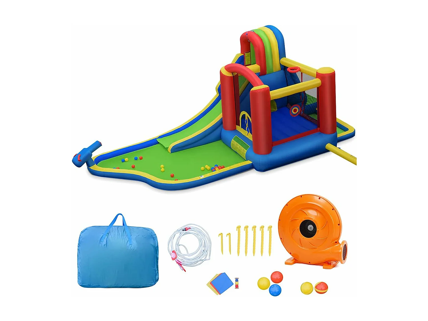 Château Gonflable avec Soufleur 450W, Aires de Jeux avec Toboggan, Mur d’Escalade, Trampoline&Canon Eau pour Enfant 3-10 Ans