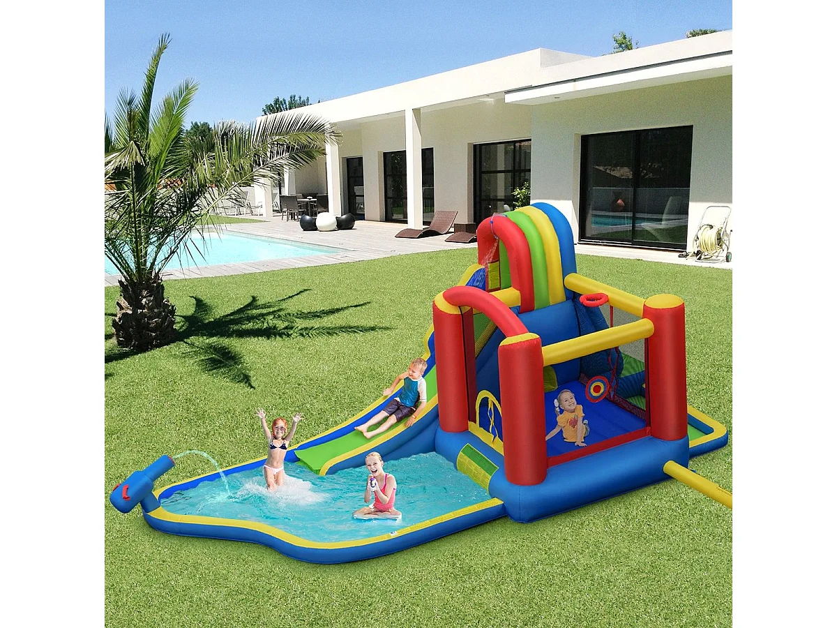 Château Gonflable avec Soufleur 450W, Aires de Jeux avec Toboggan, Mur d’Escalade, Trampoline&Canon Eau pour Enfant 3-10 Ans