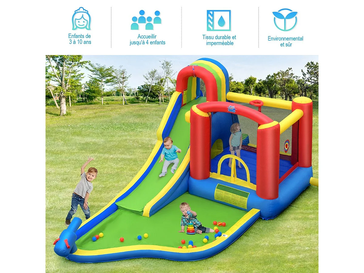 Château Gonflable avec Soufleur 450W, Aires de Jeux avec Toboggan, Mur d’Escalade, Trampoline&Canon Eau pour Enfant 3-10 Ans