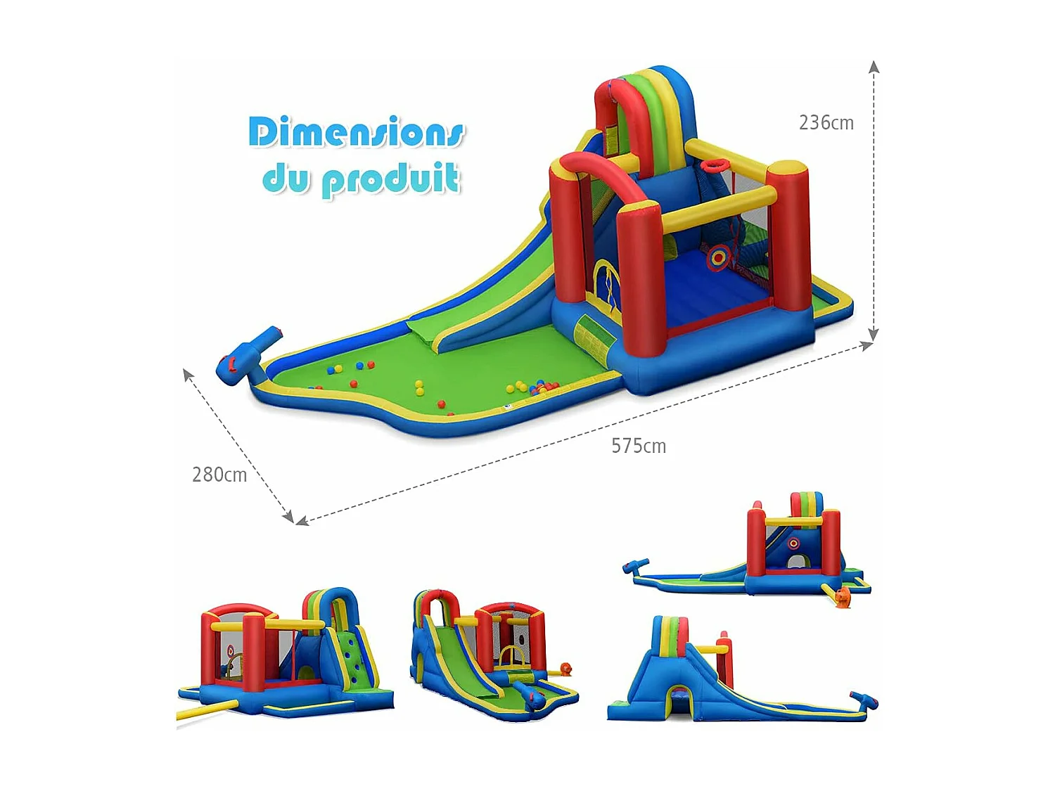 Château Gonflable avec Soufleur 450W, Aires de Jeux avec Toboggan, Mur d’Escalade, Trampoline&Canon Eau pour Enfant 3-10 Ans