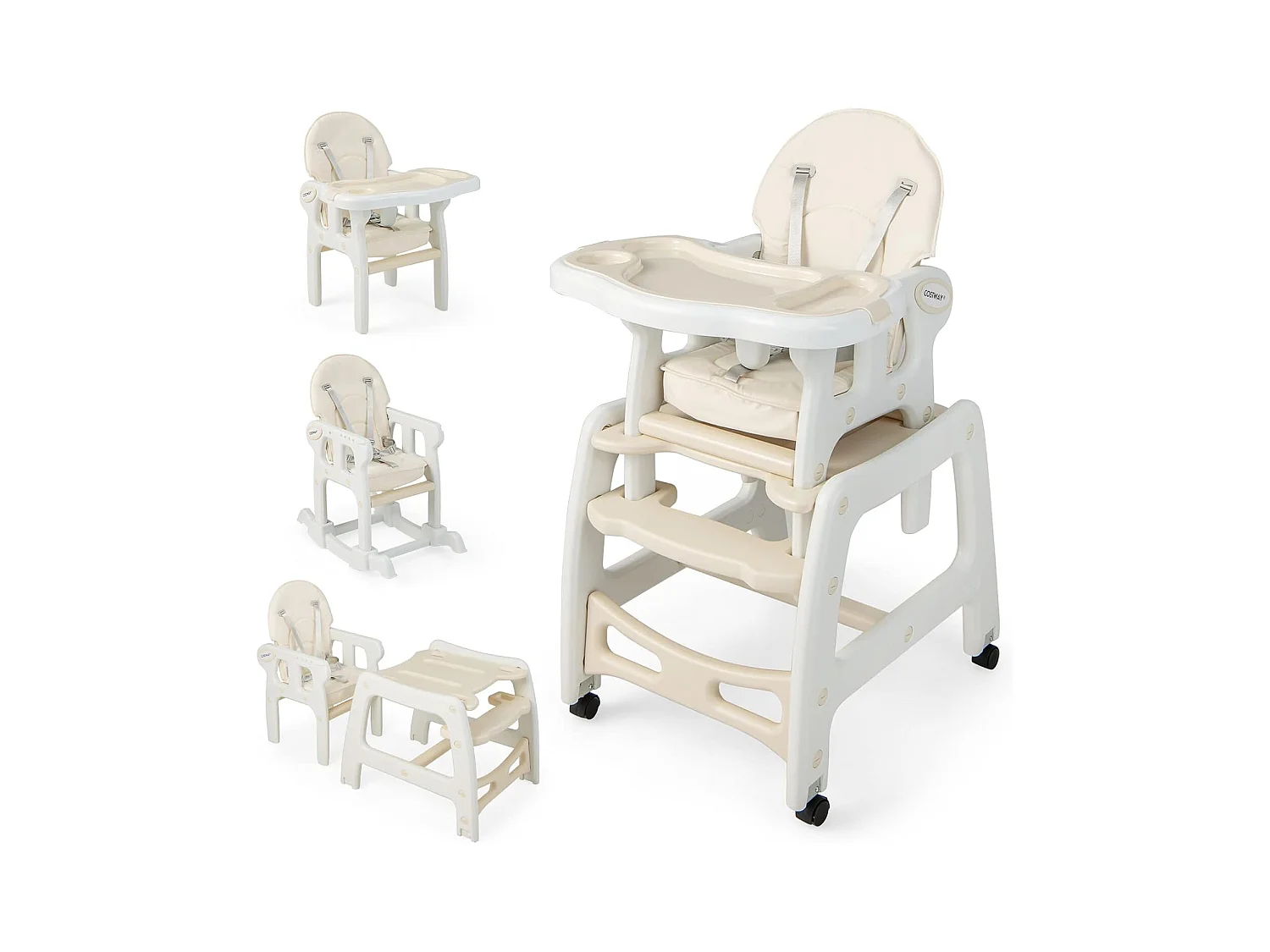 3 en 1 Chaise Haute Bébé Convertible avec Plateau Réglable, Chaise d'Alimentation Bébé avec Dossier à 3 Niveaux, Coussin de Siège, Harnais 5 Points, Charge 20KG, 6-36 Mois Beige