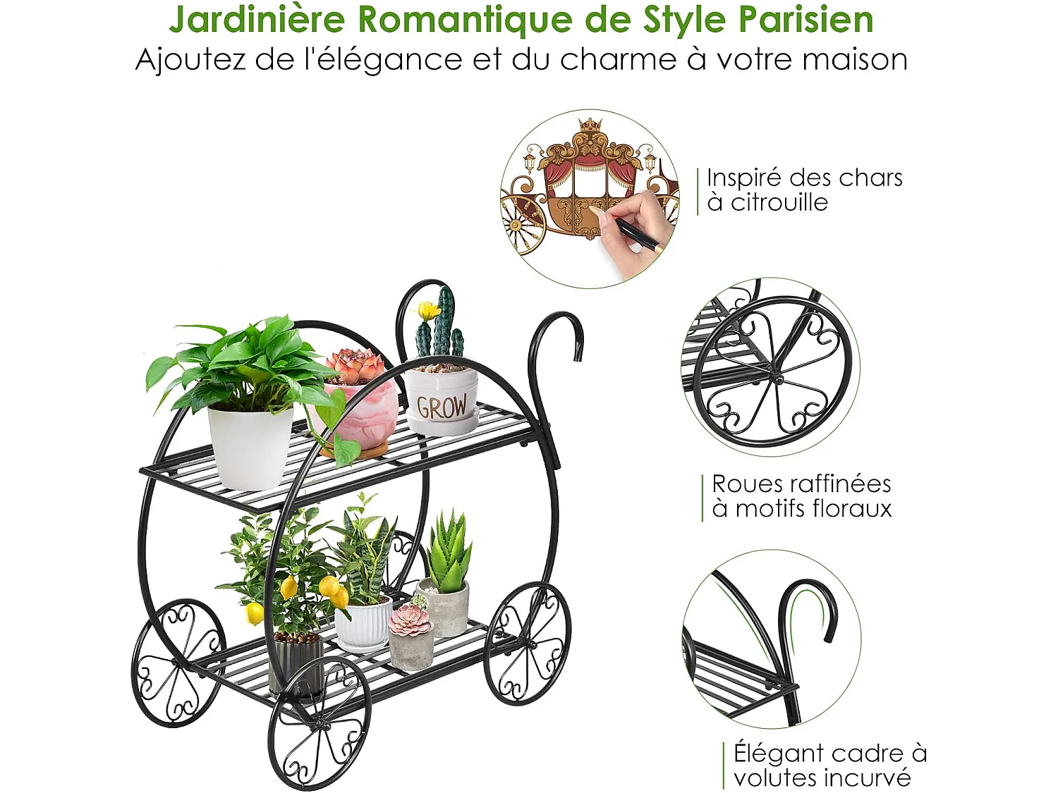 Support de Plantes à 2 Niveaux en Métal Anti-rouille de Style Parisien