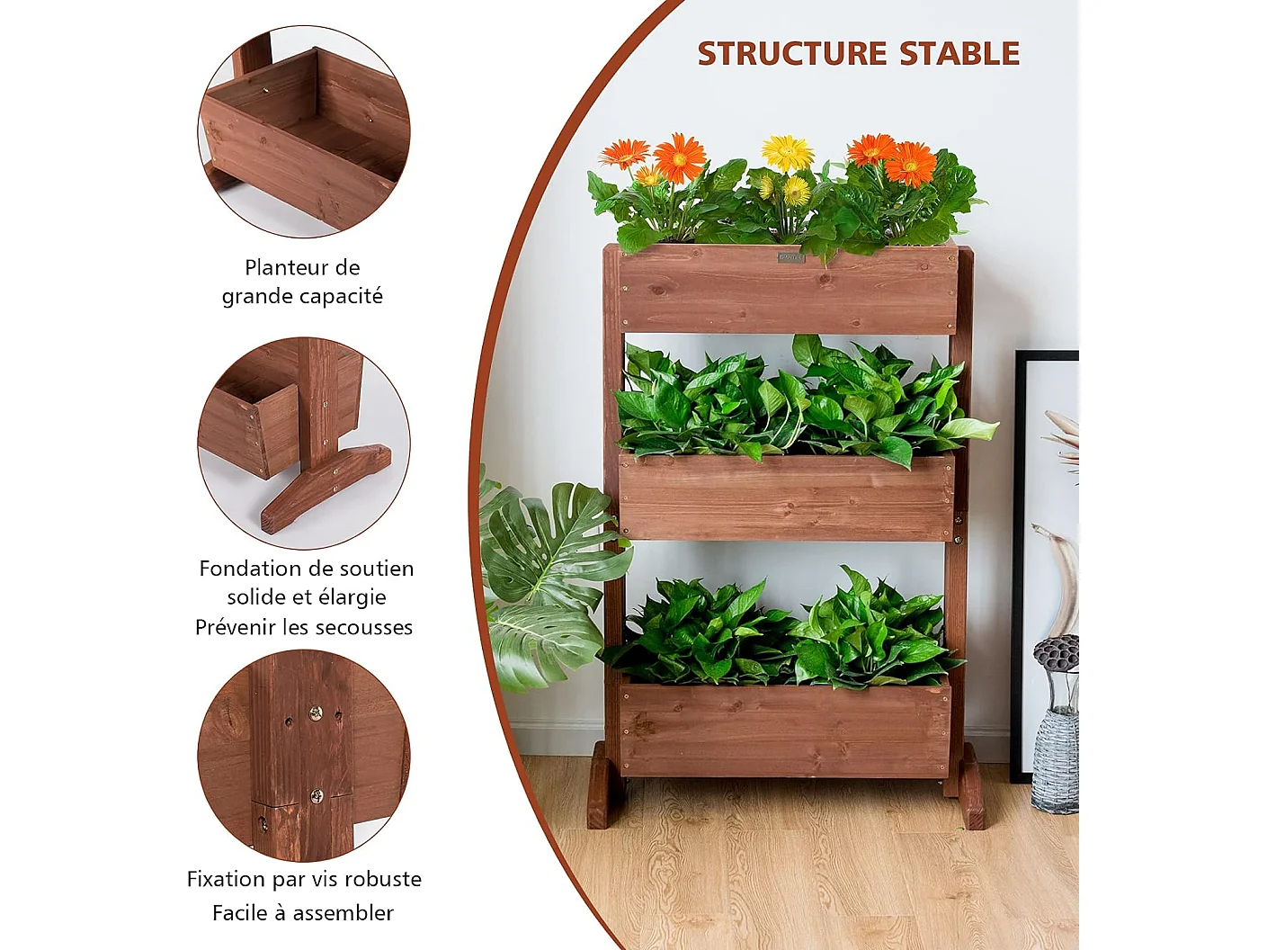 Etagères à Plantes en Bois à 3 Niveau Amovibles Hauteur et Inclinaison Ajustable Multifonctions Intérieur/Extérieur