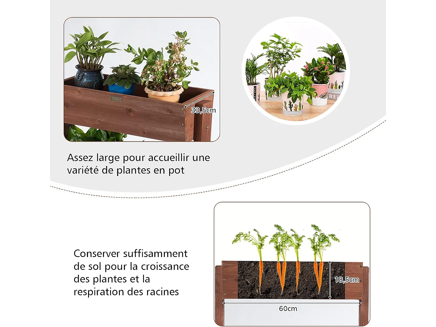 Etagères à Plantes en Bois à 3 Niveau Amovibles Hauteur et Inclinaison Ajustable Multifonctions Intérieur/Extérieur
