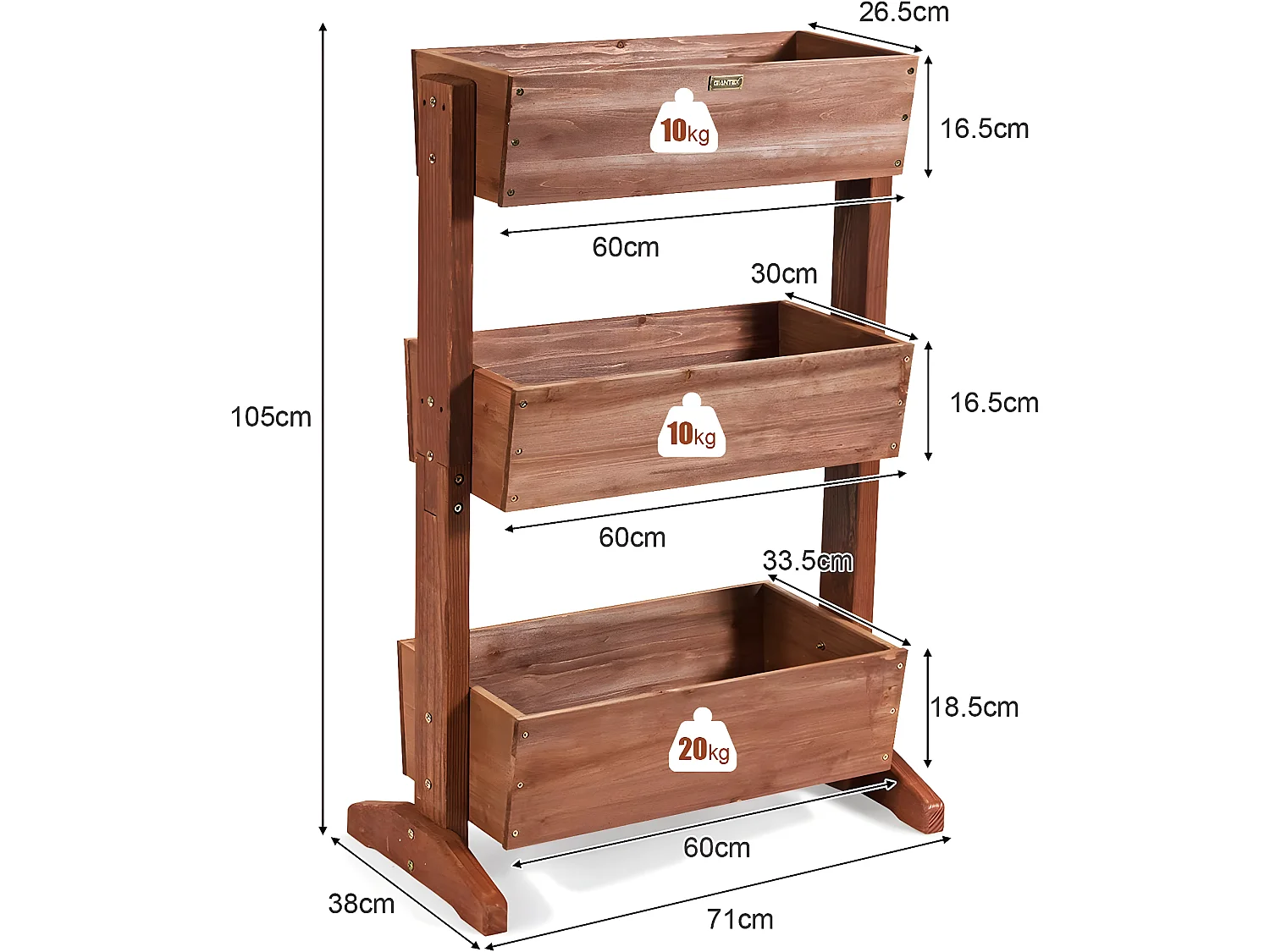 Etagères à Plantes en Bois à 3 Niveau Amovibles Hauteur et Inclinaison Ajustable Multifonctions Intérieur/Extérieur