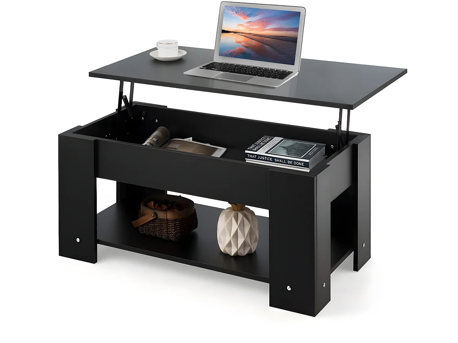 Table basse avec plateau relevable et 1 etagère pour rangement de style moderne en matériau ecologique