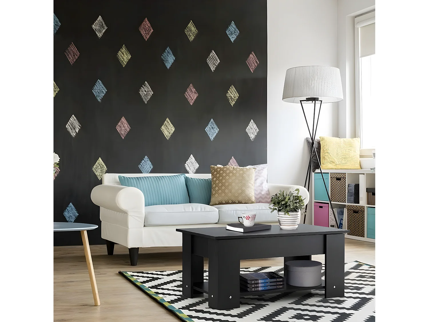 Table basse avec plateau relevable et 1 etagère pour rangement de style moderne en matériau ecologique