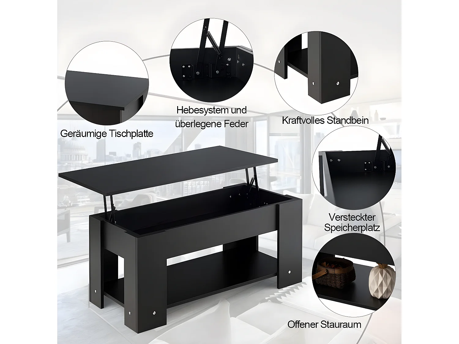 Table basse avec plateau relevable et 1 etagère pour rangement de style moderne en matériau ecologique