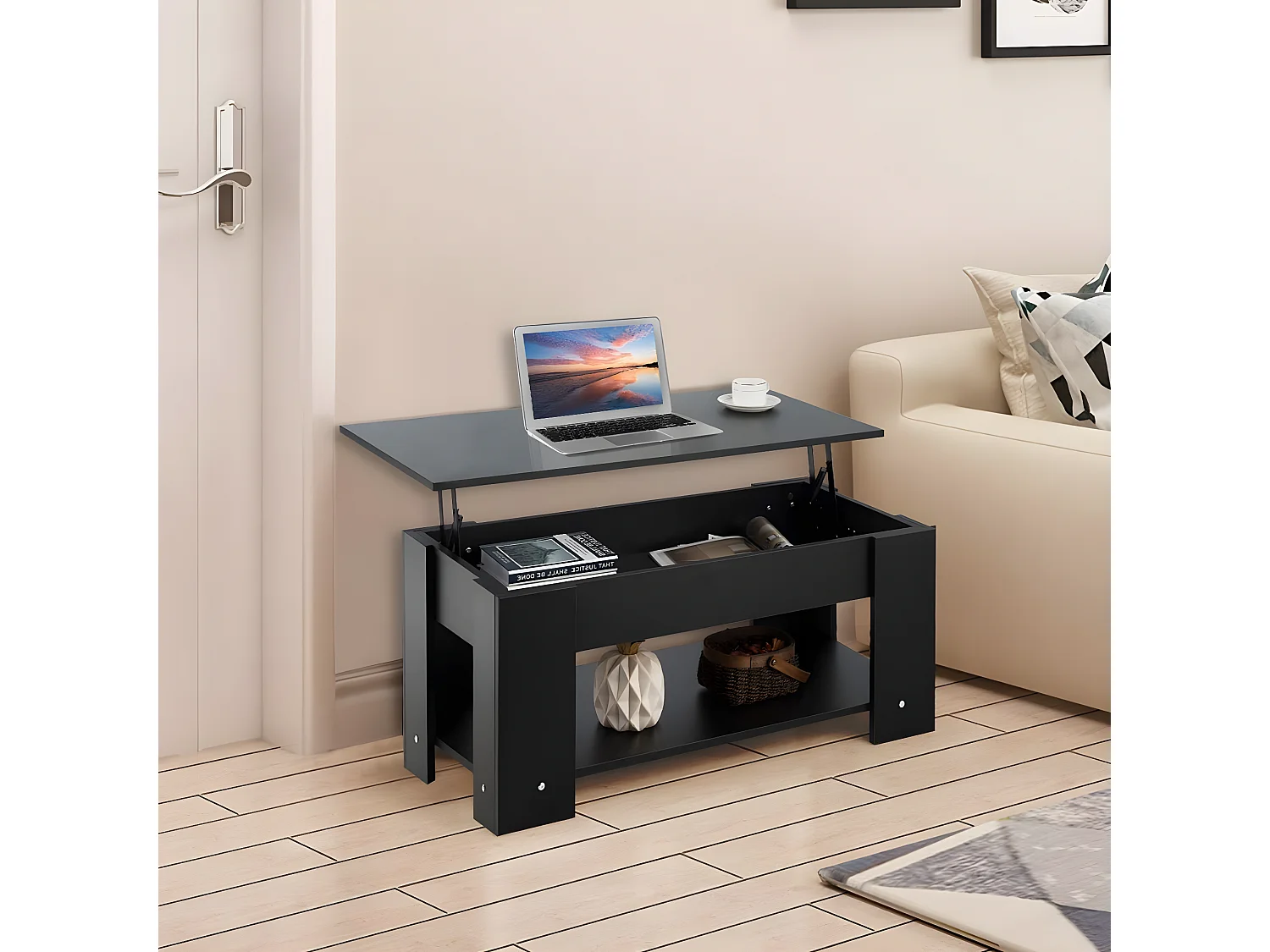 Table basse avec plateau relevable et 1 etagère pour rangement de style moderne en matériau ecologique
