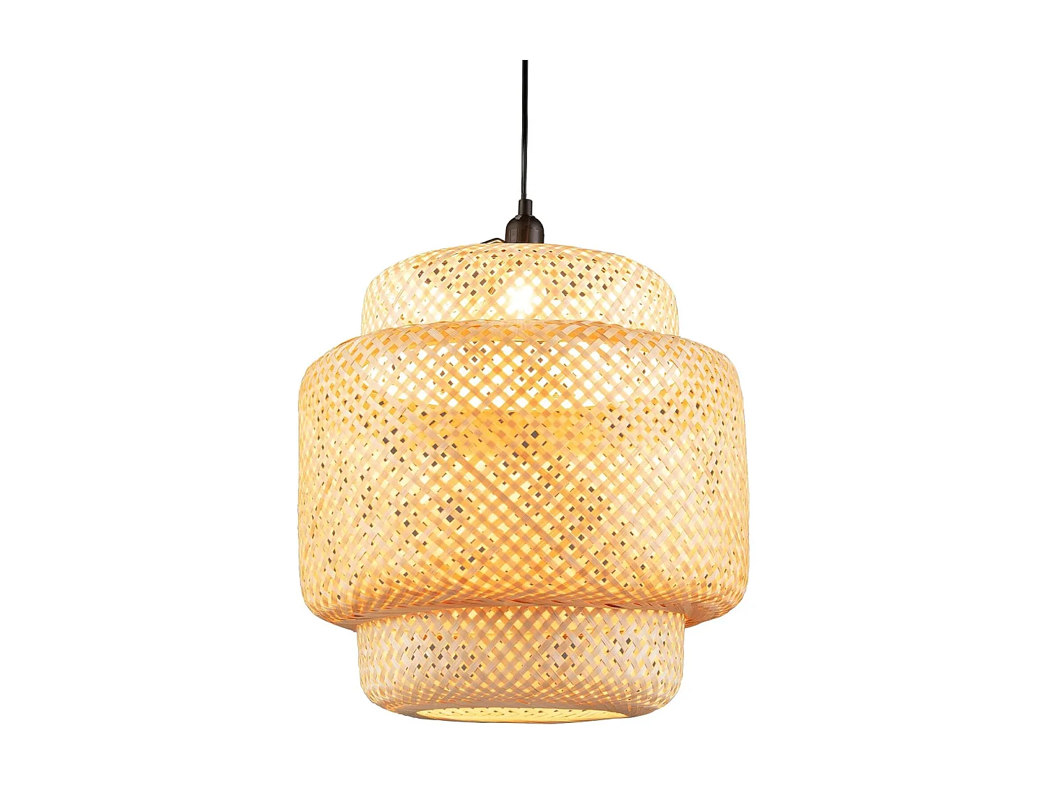 Suspension Bambou Ø 40 x H 43 cm, Abat Jour Rustique Fil 0-90cm E27 40W, Suspension Naturelle Plaque de Plafond Métal