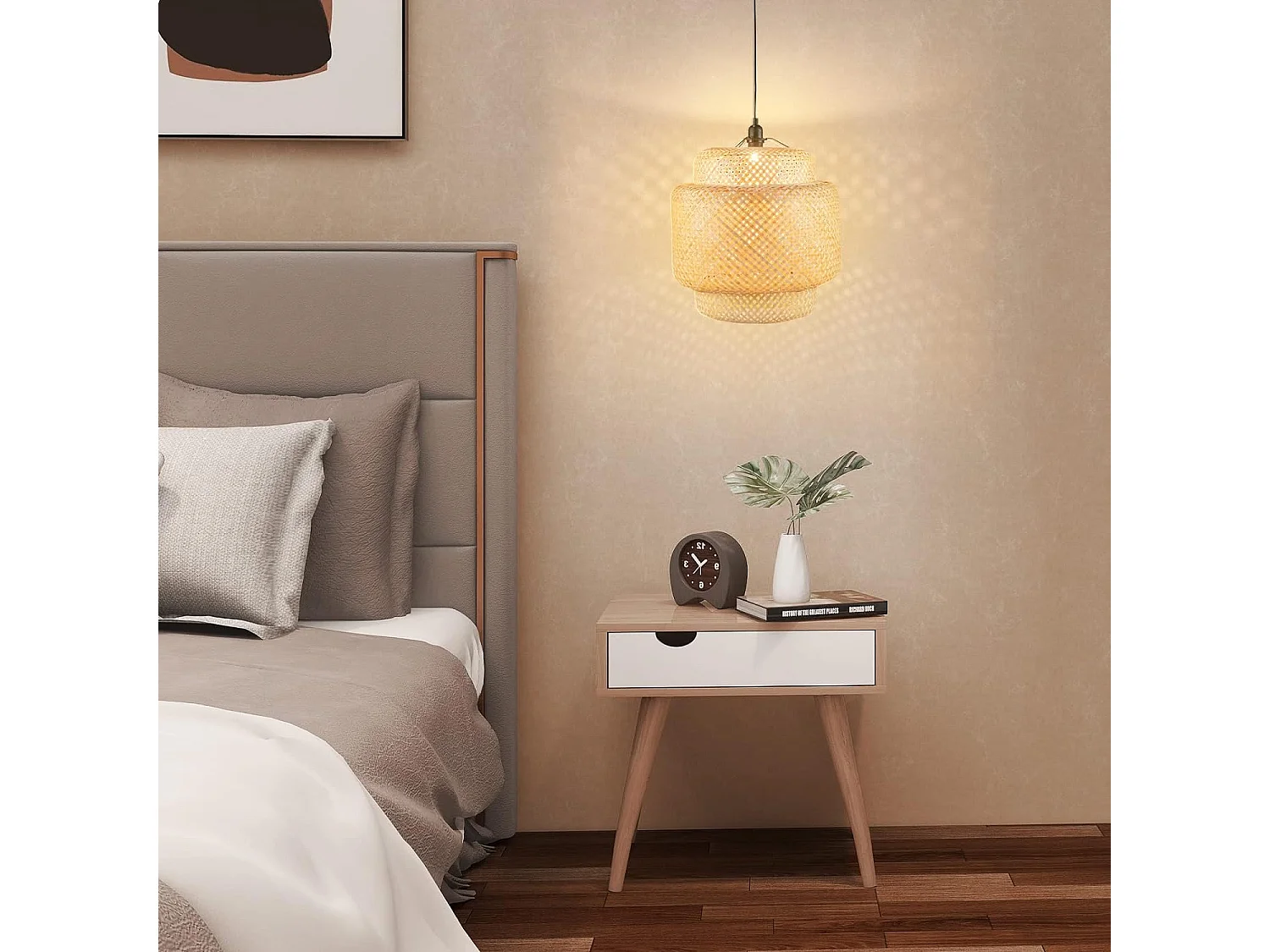 Suspension Bambou Ø 40 x H 43 cm, Abat Jour Rustique Fil 0-90cm E27 40W, Suspension Naturelle Plaque de Plafond Métal