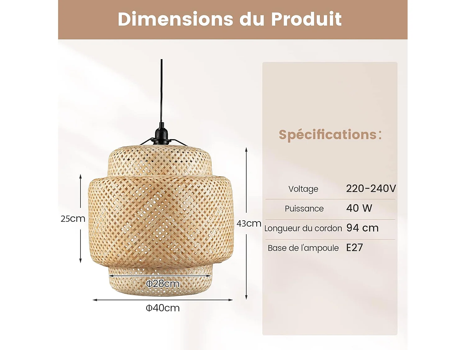 Suspension Bambou Ø 40 x H 43 cm, Abat Jour Rustique Fil 0-90cm E27 40W, Suspension Naturelle Plaque de Plafond Métal